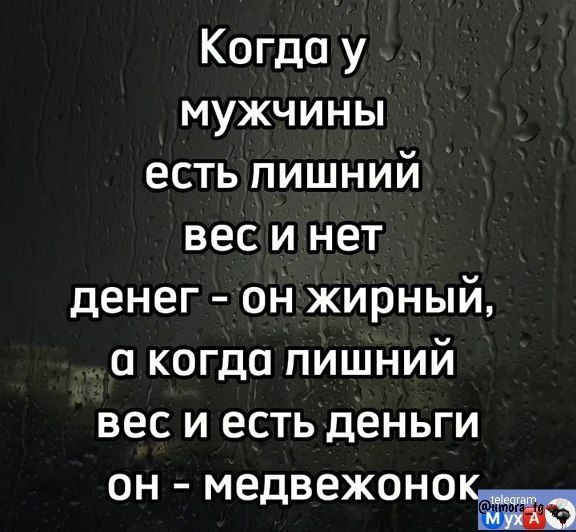 Когда у мужчины есть плишний весинет денег он жирный а когда пишний вес и есть деньги ОН МедВЕЖОНОКт