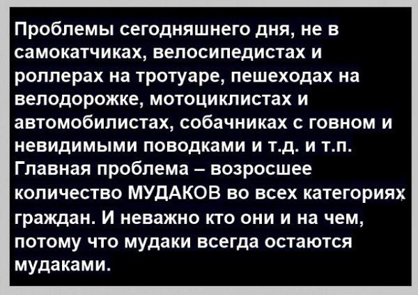 Проблемы сегодняшнего дня не в самокатчиках велосипедистах и роллерах на тротуаре пешеходах на велодорожке мотоциклистах и автомобилистах собачниках с говном и невидимыми поводками и тд и тп Главная проблема возросшее количество МУДАКОВ во всех категориях граждан И неважно кто они и на чем потому что мудаки всегда остаются мудаками