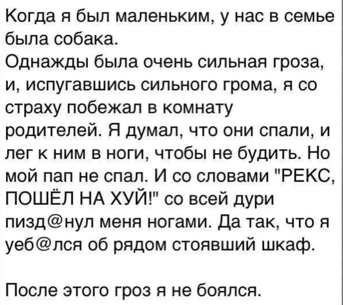 Когда я был маленьким у нас в семье была собака Однажды была очень сильная гроза и испугавшись сильного грома я со страху побежал в комнату родителей Я думал что они спали и лег к ним в ноги чтобы не будить Но мой пап не спал И со словами РЕКС ПОШЁЛ НА ХУЙ со всей дури пизднул меня ногами Да так что я уеблся об рядом стоявший шкаф После этого гроз 