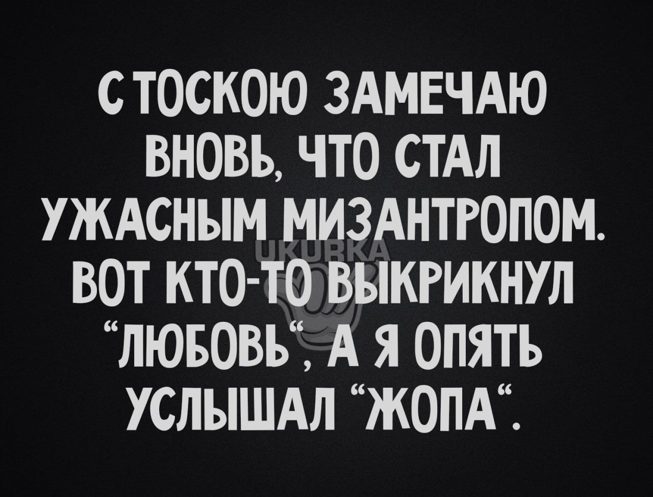 СТОСКОЮ ЗАМЕЧАЮ ВНОВЬ ЧТО СТАЛ УЖАСНЫМ МИЗАНТРОПОМ ВОТ КТО ТО ВЫКРИКНУЛ ЛЮБОВЬА Я ОПЯТЬ УСЛЫШАЛ ЖОПА