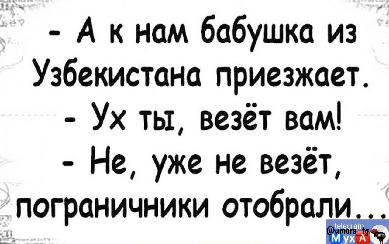 А к нам бабушка из Узбекистана приезжает Ух ты везёт вам Не уже не везёт пограничники отобрали ччч