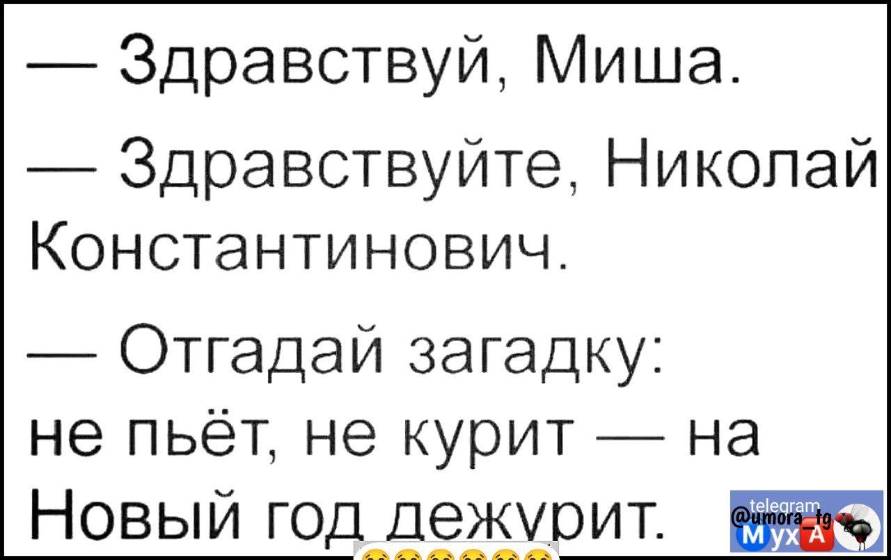 Здравствуй Миша Здравствуйте Николай Константинович Отгадай загадку не пьёт не курит на Новый год дежурит