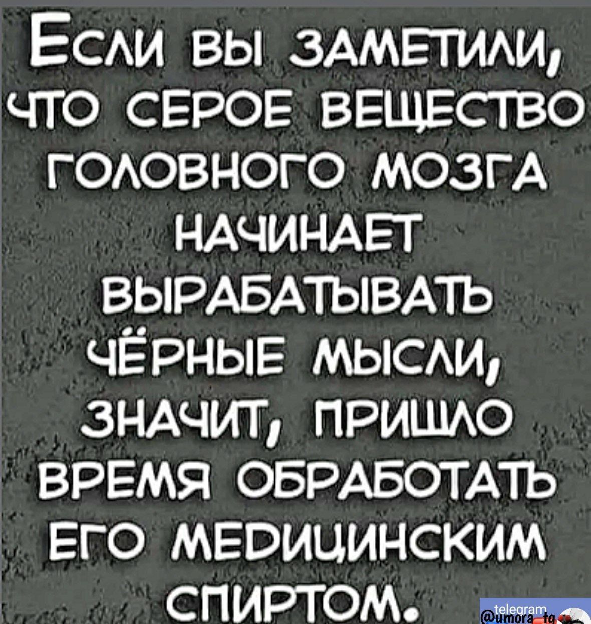 Если вЫ ЗАМЕТИЛИ ЧТО СЕРОЕ ВЕЩЕСТВО ГОЛОВНОГО МОЗГА НАЧИНАЕТ ВЫРАБАТЫВАТЬ ЧЁРНЫЕ МЫСЛИ ЗНАЧИТ ПРИШЛО ВРЕМЯ ОБРАБОТАТЬ ЕГО МЕРИЦИНСКИМ СПИРТОМ