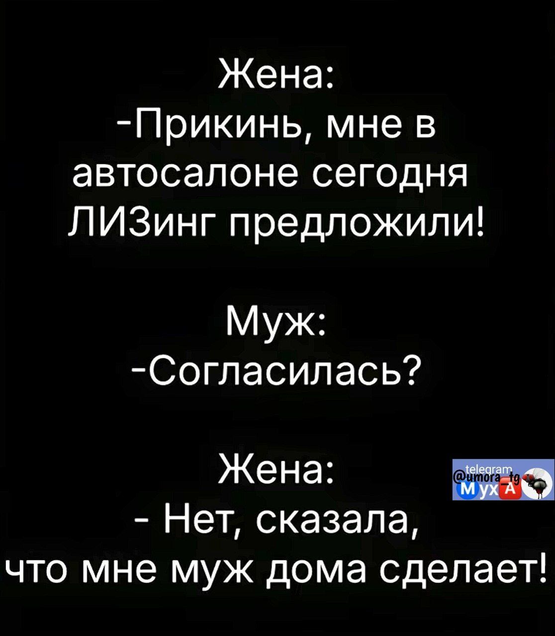 Жена Прикинь мне в автосалоне сегодня ЛИЗинг предложили Муж Согласилась Жена Нет сказала что мне муж дома сделает