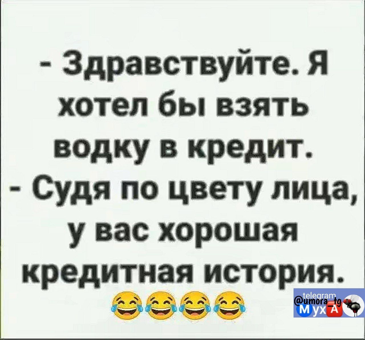 Здравствуйте Я хотел бы взять водку в кредит Судя по цвету лица у вас хорошая кредитная история оо ва