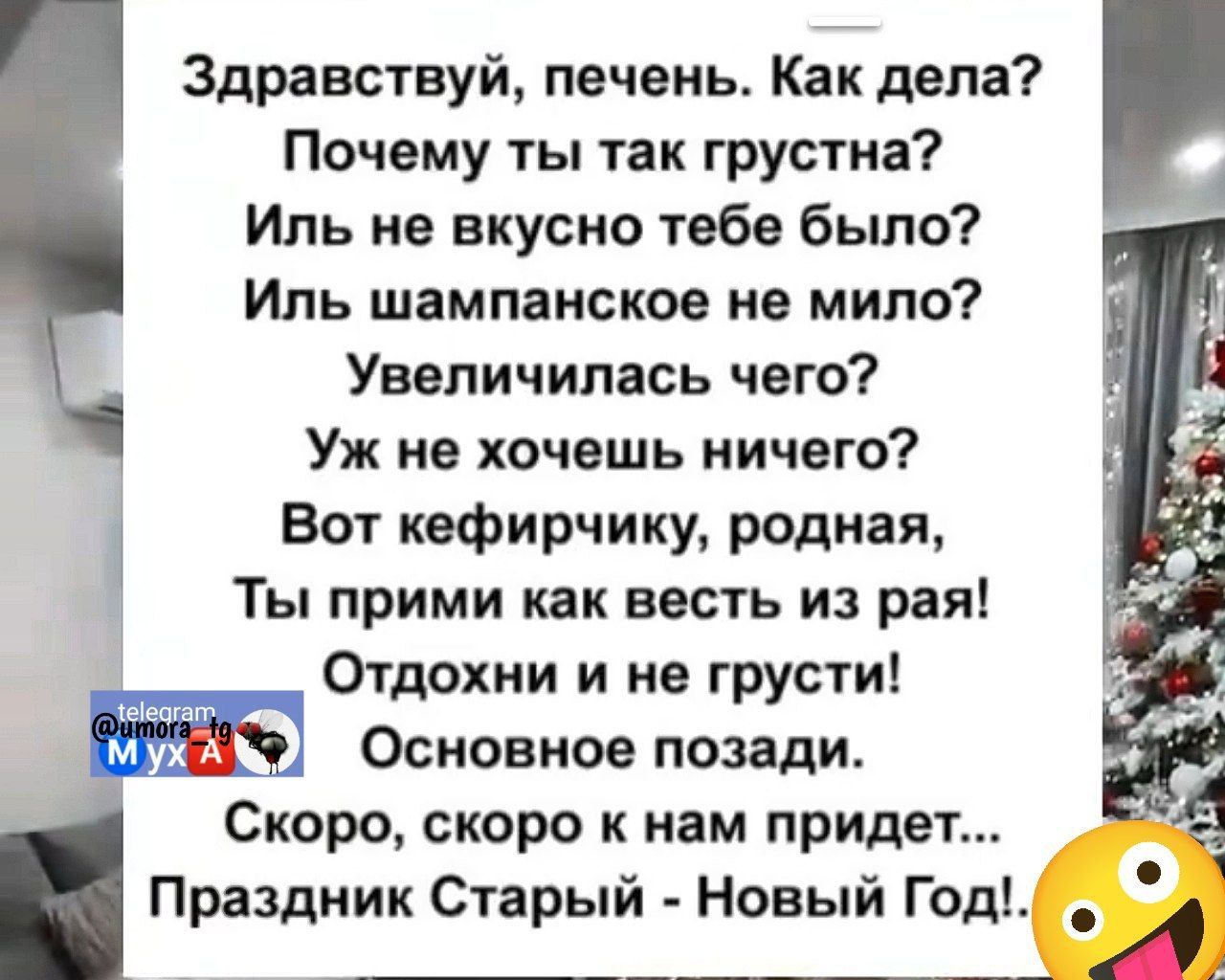 Здравствуй печень Как дела Почему ты так грустна Иль не вкусно тебе было Иль шампанское не мило Увеличилась чего Уж не хочешь ничего Вот кефирчику родная Ты прими как весть из рая Отдохни и не грусти Основное позади Скоро скоро к нам придет Праздник Старый Новый Год