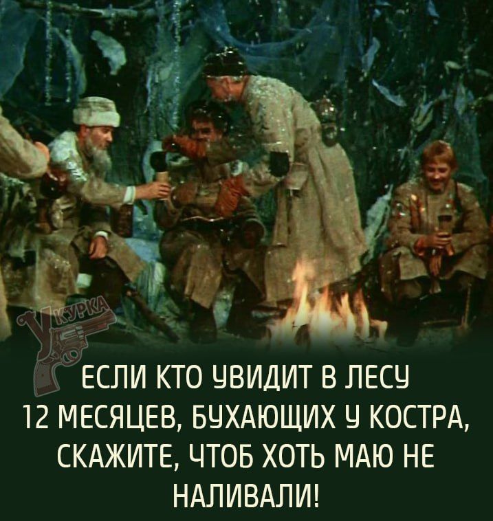 ЕСЛИ КТО ЧВИДИТ В ЛЕСЧ 12 МЕСЯЦЕВ БУХАЮЩИХ У КОСТРА СКАЖИТЕ ЧТОБ ХОТЬ МАЮ НЕ НАЛИВАЛИ