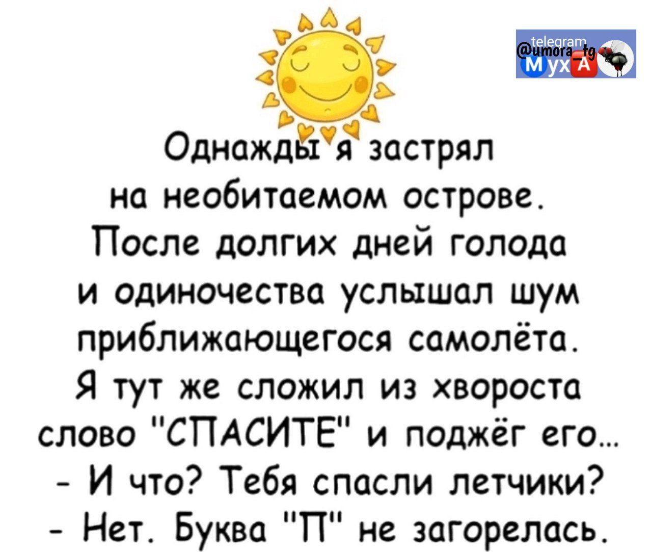 Ач ы ЕР 25 Г Однаждёя застрял на необитаемом острове После долгих дней голода и одиночества услышал шум приближающегося самолёта Я тут же сложил из хвороста слово СПАСИТЕ и поджёг его И что Тебя спасли летчики Нет Буква П не загорелась