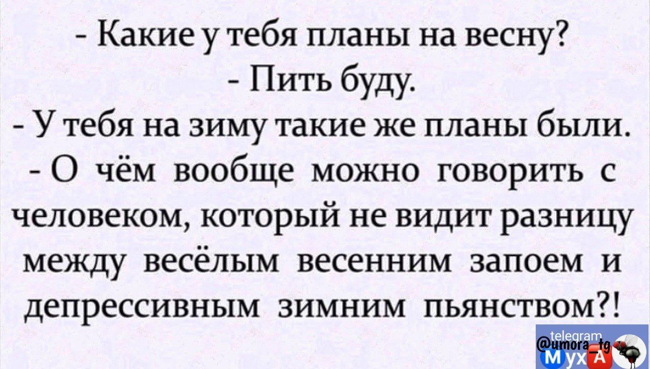 Какие у тебя планы на весну Пить буду Утебя на зиму такие же планы были О чём вообще можно говорить с человеком который не видит разницу между весёлым весенним запоем и депрессивным зимним пьянством 1еа