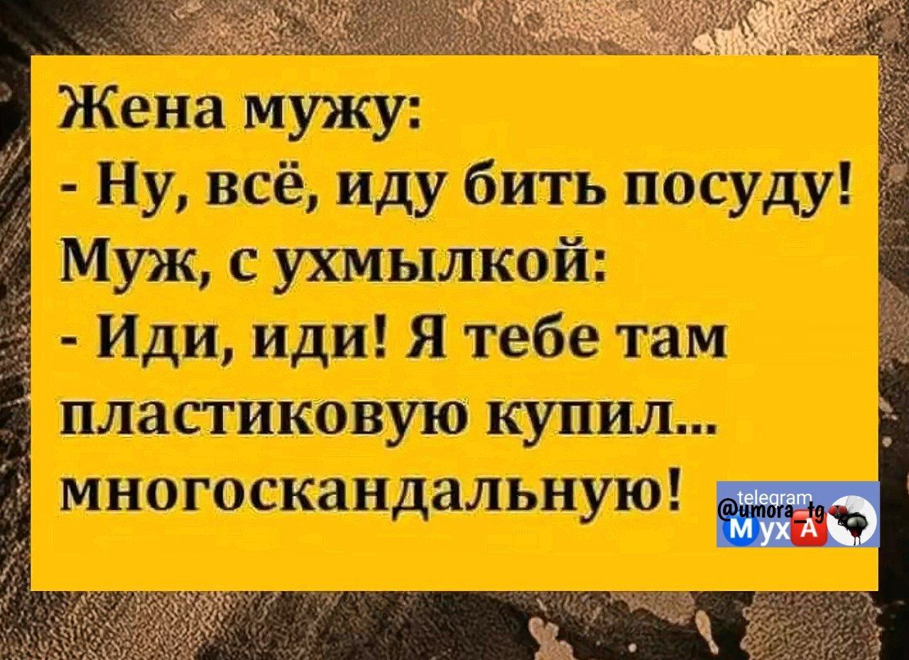 Жена мужу Ну всё иду бить посуду Муж сухмылкой Иди иди Я тебе там пластиковую купил В 1 многоскандальную щ оаОа