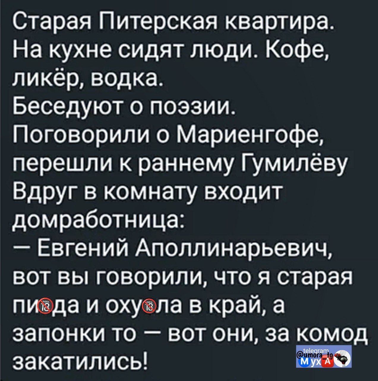 Старая Питерская квартира На кухне сидят люди Кофе ликёр водка Беседуют о поэзии Поговорили о Мариенгофе перешли к раннему Гумилёву Вдруг в комнату входит домработница Евгений Аполлинарьевич вот вы говорили что я старая пигда и охувла в край а запонки то вот они за комод закатились