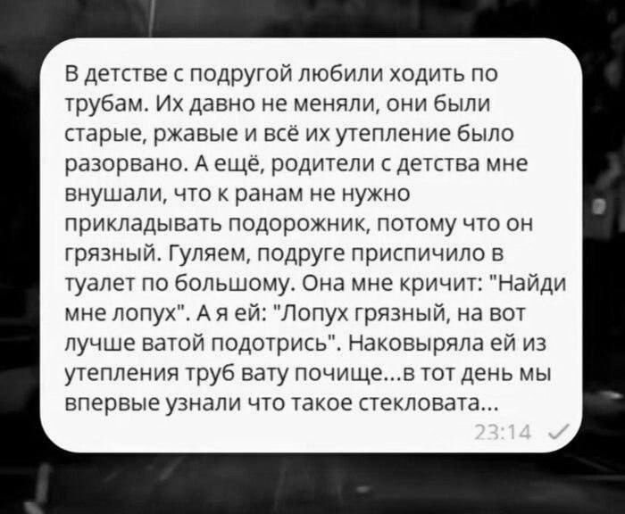 В детстве с подругой любили ходить по трубам Их давно не меняли они были старые ржавые и всё их утепление было разорвано А ещё родители с детства мне внушали что к ранам не нужно прикладывать подорожник потому что он грязный гуляем подруге приспичило в туалет по большому Она мне кричит Найди мне лопух Ая ей Лопух грязный на вот лучше ватой подотрис