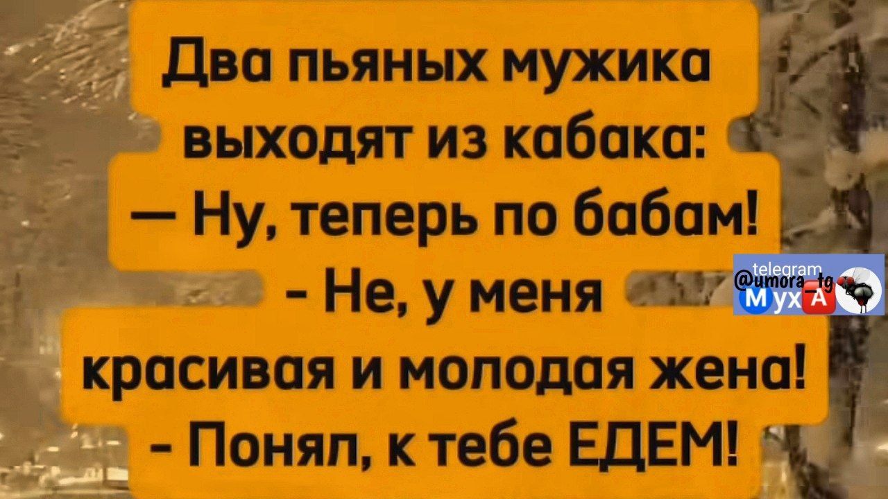 Два пьяных мужика Й выходят из кабака 3 Ну теперь по бабам 2 Не у меня С красивая и молодая жена г Понял к тебе ЕДЕМ