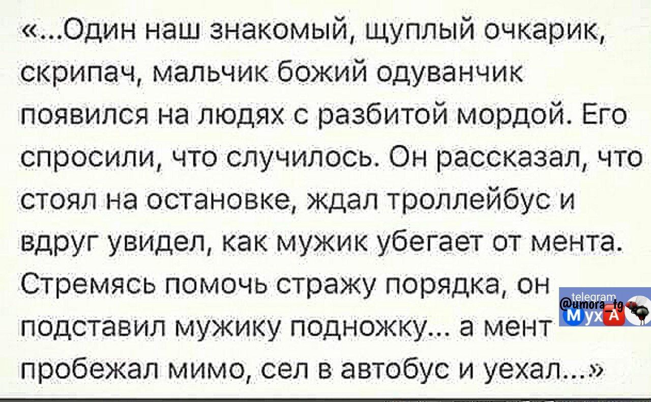 Один наш знакомый щуплый очкарик скрипач мальчик божий одуванчик появился на людях с разбитой мордой Его спросили что случилось Он рассказал что стоял на остановке ждал троллейбус и вдруг увидел как мужик убегает от мента Стремясь помочь стражу порядка он подставил мужику подножку а ментж пробежал мимо сел в автобус и уехал