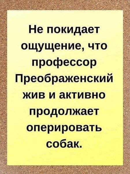 Не покидает ощущение, что профессор Преображенский жив и активно продолжает оперировать собак.
