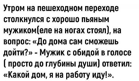 Утром на пешеходном переходе столкнулся с хорошо пьяным мужиком(еле на ногах стоял), на вопрос: «До дома сам сможешь дойти?» - Мужик с обидой в голосе (просто до глубины души) ответил: «Какой дом, я на работу иду!».