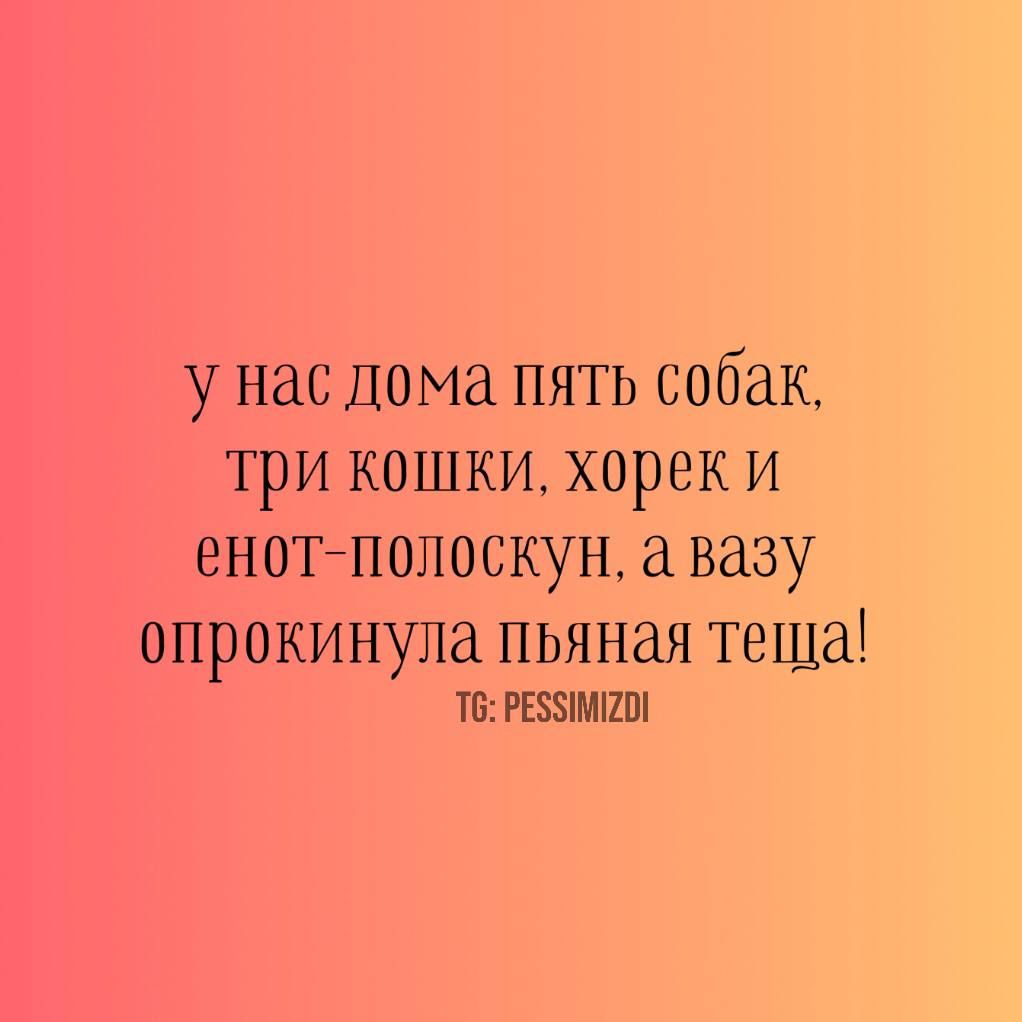 у нас дома пять собак, три кошки, хорек и енот-полоскун, а вазу опрокинула пьяная теща!
TG: PESSIMIZDI