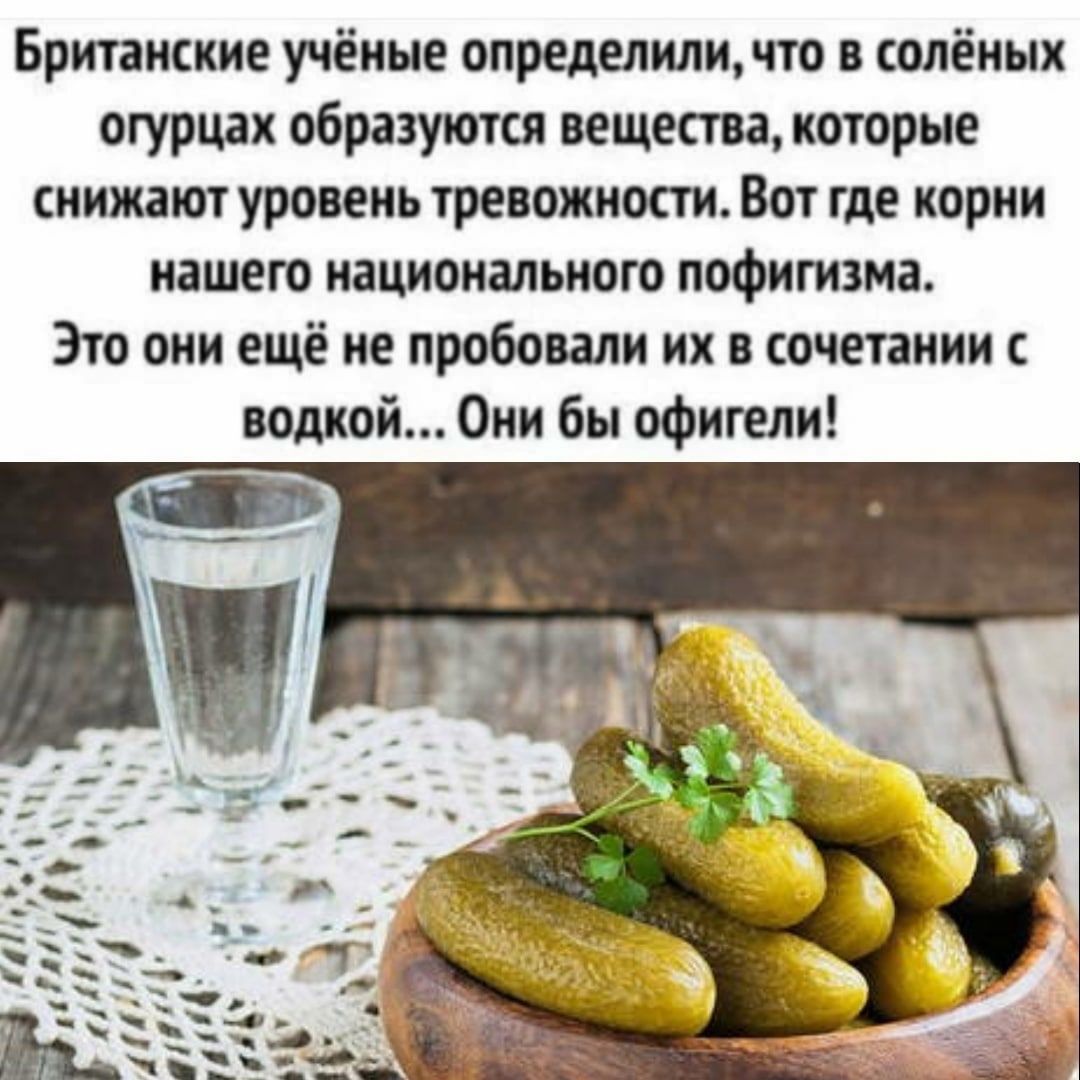 Британские учёные определили, что в солёных огурцах образуются вещества, которые снижают уровень тревожности. Вот где корни нашего национального пофигизма. Это они ещё не пробовали их в сочетании с водкой... Они бы офигели!