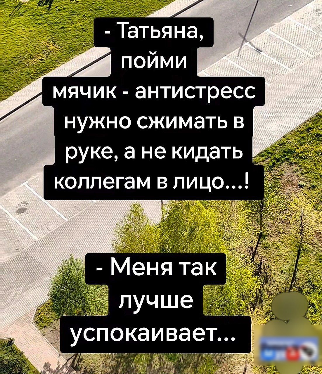 - Татьяна, пойми мячик - антистресс нужно сжимать в руке, а не кидать коллегам в лицо...! 
- Меня так лучше успокаивает...