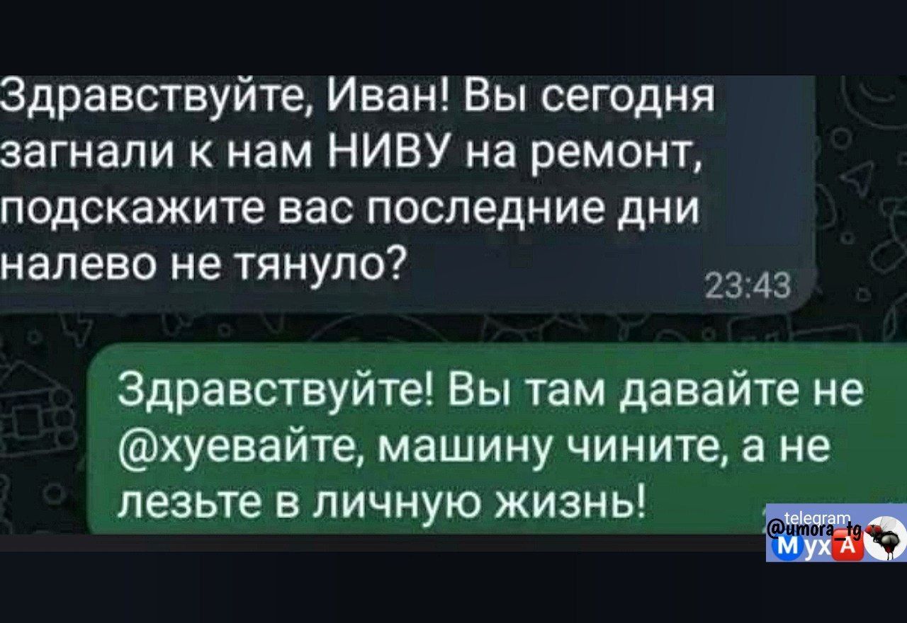 Здравствуйте, Иван! Вы сегодня загнали к нам Ниву на ремонт, подскажите, вас последние дни налево не тянуло?  Здравствуйте! Вы там давайте не @хуевайте, машину чините, а не лезьте в личную жизнь!