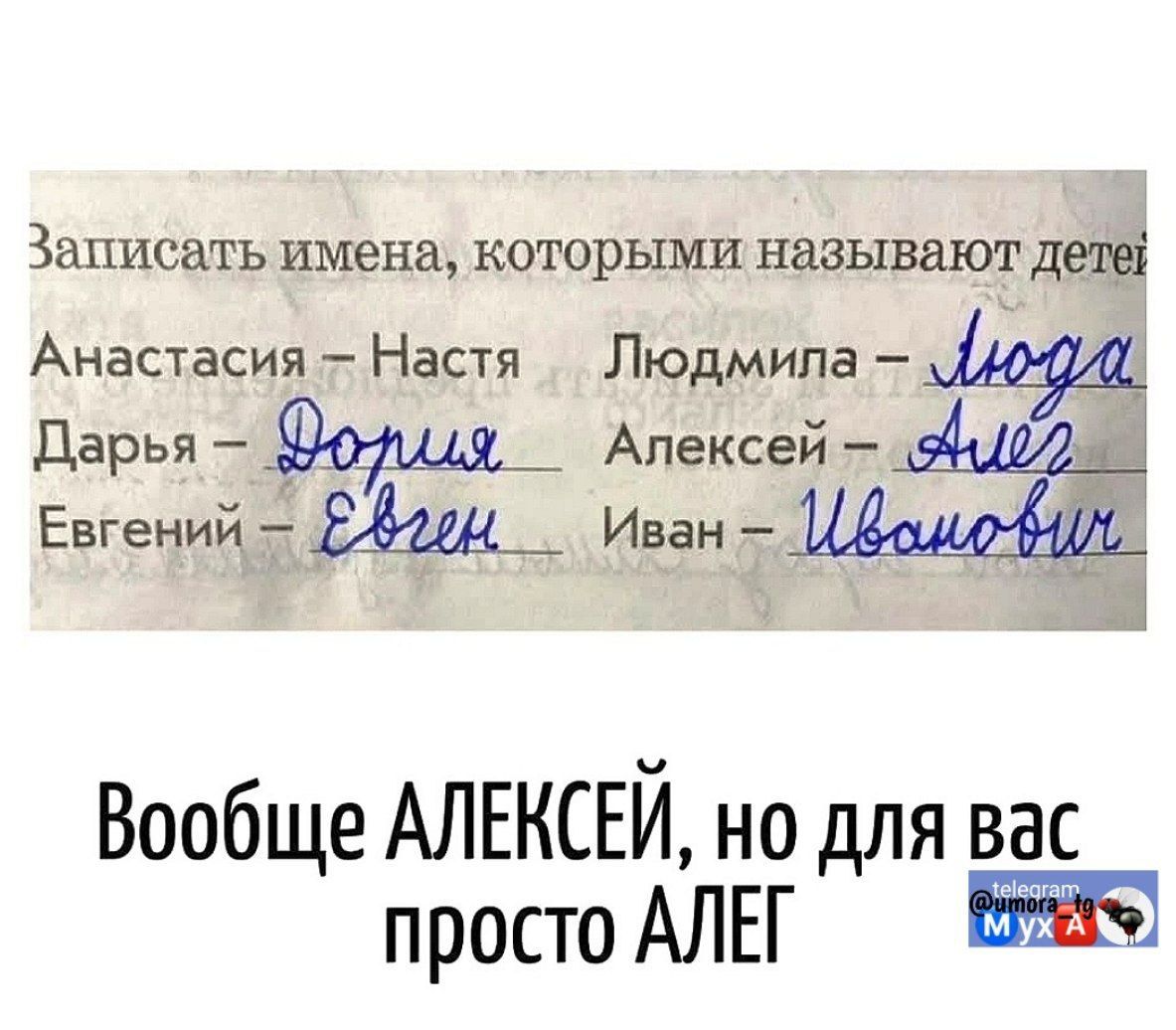 Записать имена, которыми называют детей:
Анастасия - Настя
Дарья - Даша
Евгений - Евген
Людмила - Люда
Алексей - Алег
Иван - Иванов
Вообще АЛЕКСЕЙ, но для вас просто АЛЕГ