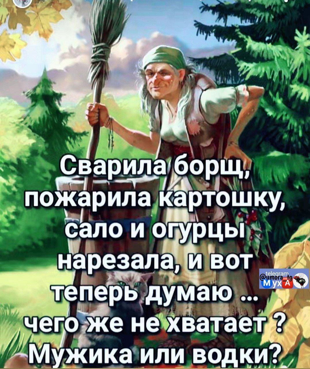 Сварила борщ, пожарила картошку, сало и огурцы нарезала, и вот теперь думаю ... чего же не хватает ? Мужика или водки?