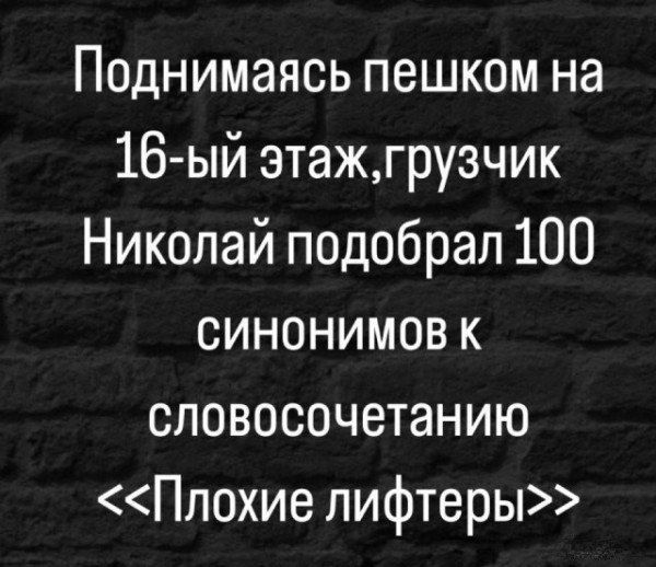 Поднимаясь пешком на 16-й этаж, грузчик Николай подобрал 100 синонимов к словосочетанию <<Плохие лифтеры>>