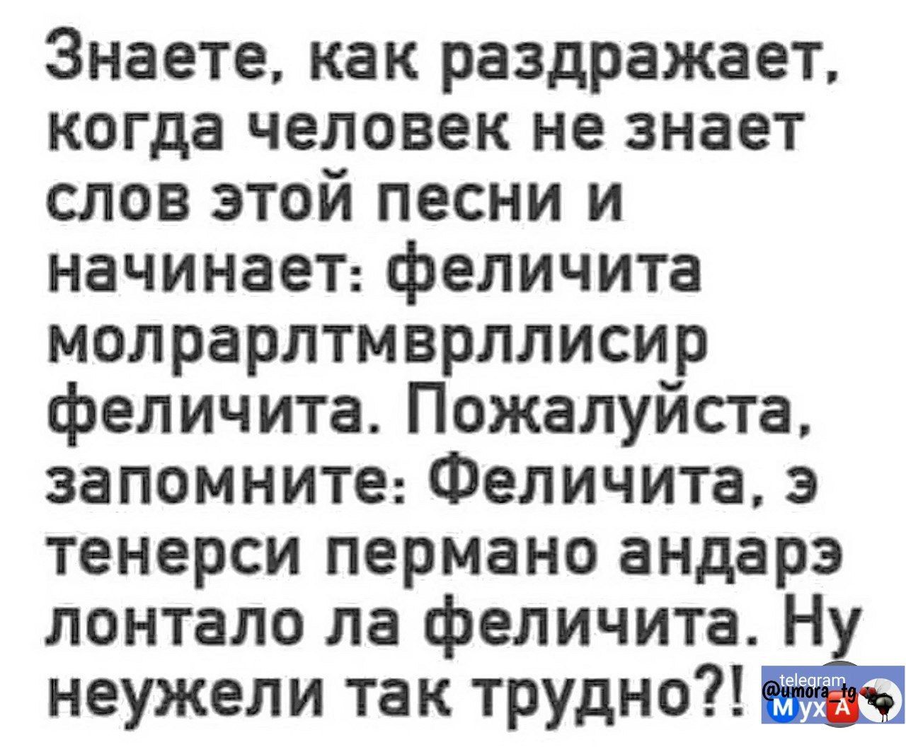 Знаете, как раздражает, когда человек не знает слов этой песни и начинает: феличита молрарлтмврллисир феличита. Пожалуйста, запомните: Феличита, э тенерси пермано андэр лонтало ла феличита. Ну неужели так трудно?!