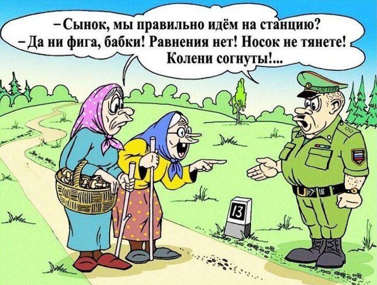 – Сыночек, мы правильно идём на станцию?  – Да ни фигa, бабки! Равнения нет! Носок не тяните! Колени согнуты!...
