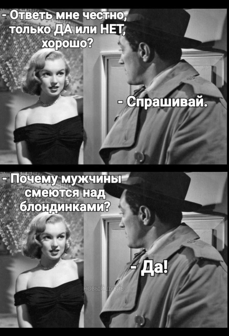 Ответь мне честно, только DA или НЕТ, хорошо? - Спрашивай. - Почему мужчины смеются над блондиками? - Да!