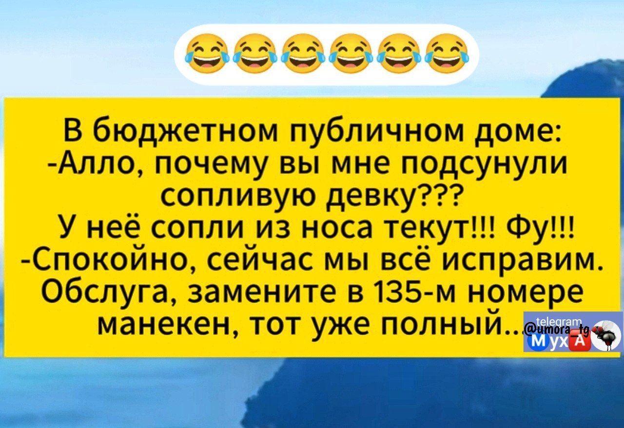 В бюджетном публичном доме:
-Алло, почему вы мне подсунули сопливую девку???
У неё сопли из носа текут!!! ФУ!!!
-Спокойно, сейчас мы всё исправим.
Обслуга, замените в 135-м номере манекен, тот уже полный...