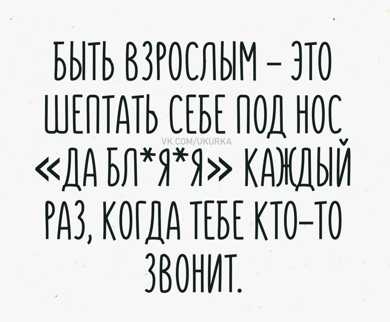 БЫТЬ ВЗРОСЛЫМ – ЭТО ШЕПТАТЬ СЕБЕ ПОД НОС «ДА БЛ*Я*Я» КАЖДЫЙ РАЗ, КОГДА ТЕБЕ КТО-ТО ЗВОНИТ.