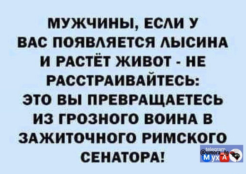 МУЖЧИНЫ, ЕСЛИ У ВАС ПОЯВЛЯЕТСЯ ЛЫСИНА И РАСТЁТ ЖИВОТ - НЕ РАССТРАИВАЙТЕСЬ: ЭТО ВЫ ПРЕВРАЩАЕТЕСЬ ИЗ ГРОЗНОГО ВОИНА В ЗАЩИТОЧНОГО РИМСКОГО СЕНАТОРА!