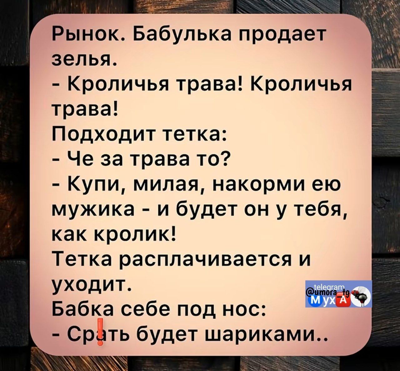 Рынок. Бабулька продает зелень.
- Кроличья трава! Кроличья трава!
Подходит тетка:
- Че за трава то?
- Купи, милая, накормим ею мужа - и будет он у тебя, как кролик!
Тетка расплачивается и уходит.
Бабка себе под нос:
- Срать будет шариками..