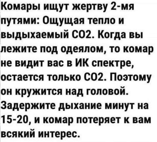 Комары ищут жертву 2-мя путями: ощущая тепло и выдыхаемый CO2. Когда вы лежите под одеялом, то комар не видит вас в ИК спектре, остается только CO2. Поэтому он кружится над головой. Задержите дыхание минут на 15-20, и комар потеряет к вам всякий интерес.