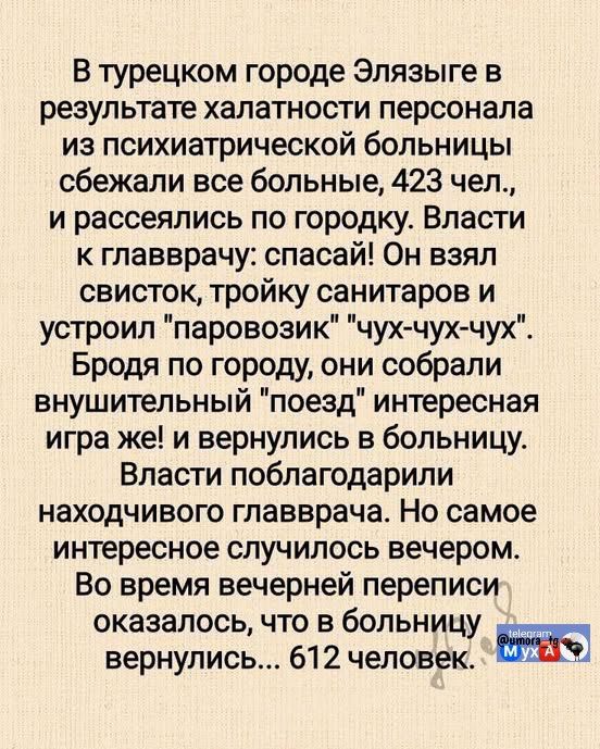 В турецком городе Элязыгe в результате халатности персонала из психиатрической больницы сбежали все больные, 423 чел., и расселились по городку. Власти к главврачу: спасай! Он взял свисток, тройку санитаров и устроил 
