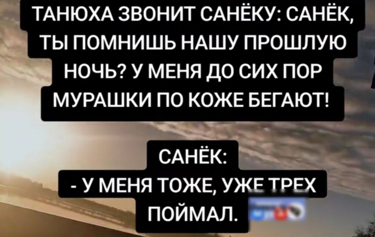 ТАНЮХА ЗВОНИТ САНЬКЕ: САНЁК, ТЫ ПОМНИШЬ НАШУ ПРОШЛУЮ НОЧЬ? У МЕНЯ ДО СИХ ПОР МУРАШКИ ПО КОЖЕ БЕГАЮТ! САНЬК: - У МЕНЯ ТОЖЕ, УЖЕ ТРЕХ ПОЙМАЛ.