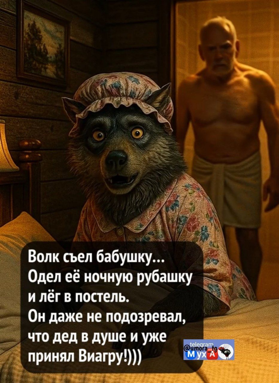 Волк съел бабушку... Одел её ночную рубашку и лёг в постель. Он даже не подозревал, что дед в душе и уже принял Виагру!)))