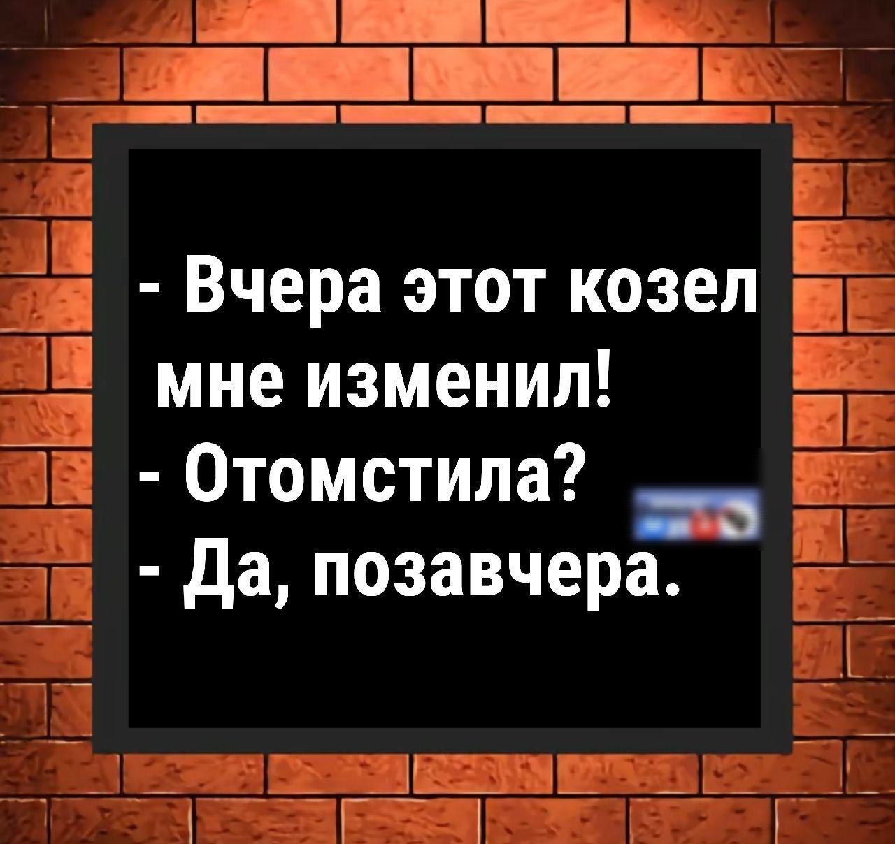 - Вчера этот козел мне изменил!
- Отомстила?
- Да, позавчера.