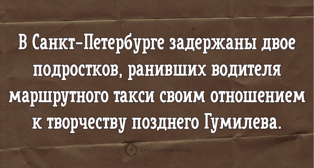 В Санкт-Петербурге задержаны двое подростков, ранивших водителя маршрутного такси своим отношением к творчеству позднего Гумилева.