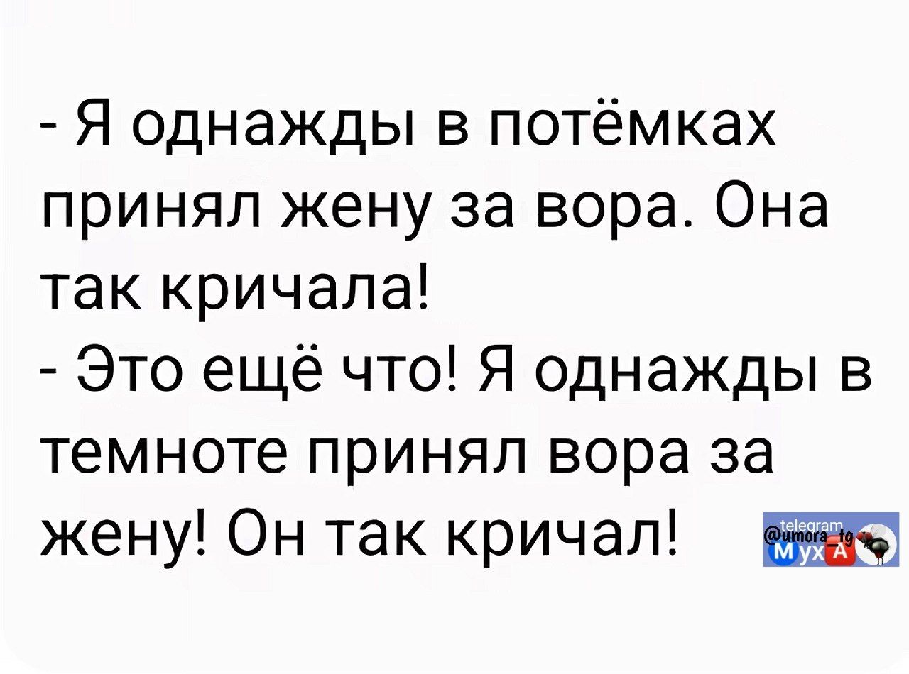 - Я однажды в потёмках принял жену за вора. Она так кричала!
- Это ещё что! Я однажды в темноте принял вора за жену! Он так кричал!
