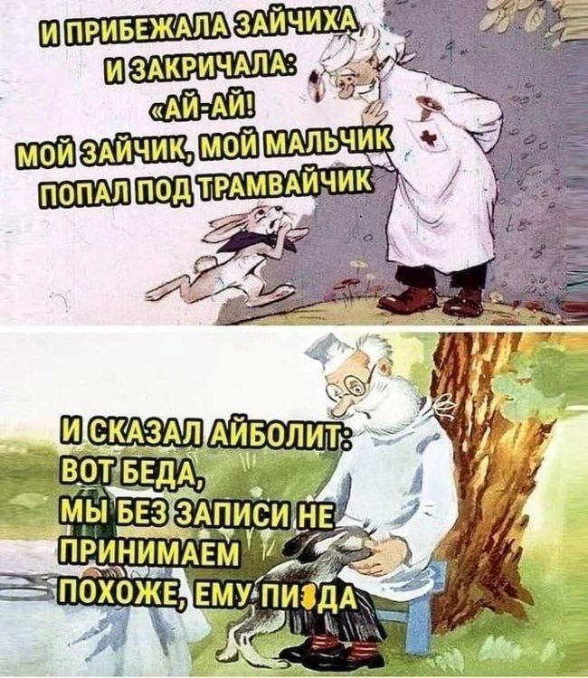 И прибежала зайчиха и закричала: «Ай-ай! Мой зайчик, мой мальчик попал под трамвайчик» И сказал Айболит: Вот беда, мы без записи не принимаем похоже, ему пизда.