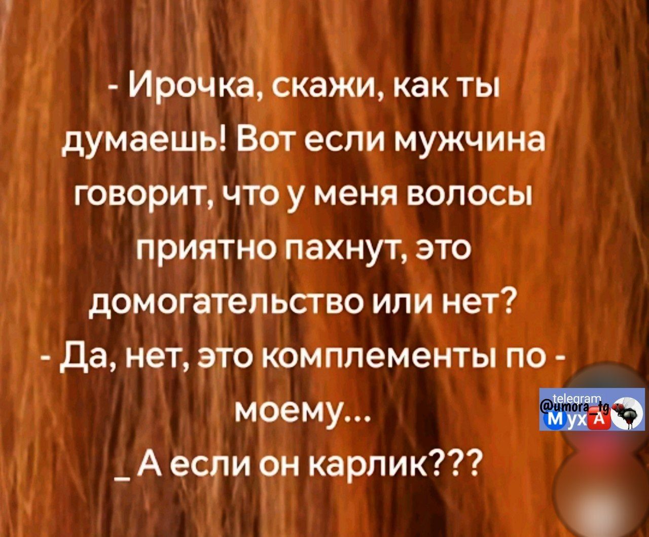- Ироčka, скажи, как ты думаешь! Вот если мужчина говорит, что у меня волосы приятно пахнут, это домогательство или нет? - Да, нет, это комплименты по - моему... - А если он карлик???