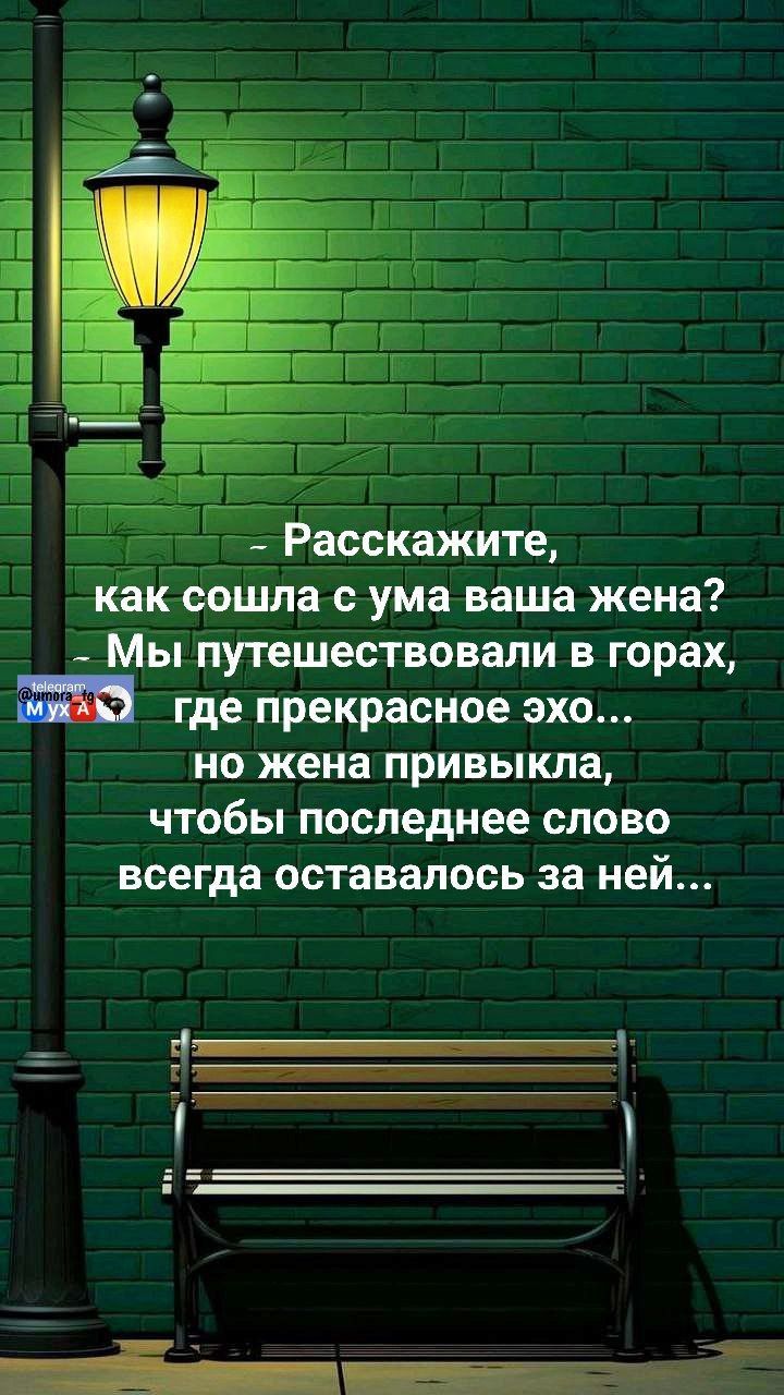 – Расскажите, как сошла с ума ваша жена?
– Мы путешествовали в горах, где прекрасное эхо...
но жена привыкла, чтобы последнее слово всегда оставалось за ней...