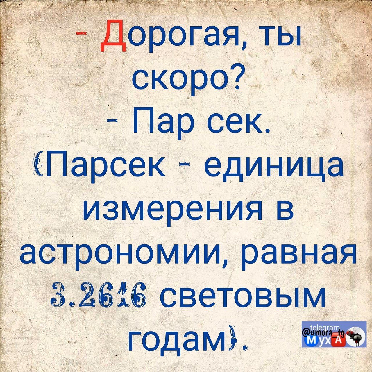 - Дорогая, ты скоро?  - Пар сек.  (Парсек - единица измерения в астрономии, равная 3.2616 световым годам).