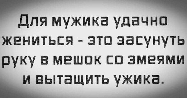Для мужика удачно жениться - это засунуть руку в мешок со змеями и вытащить ужика.