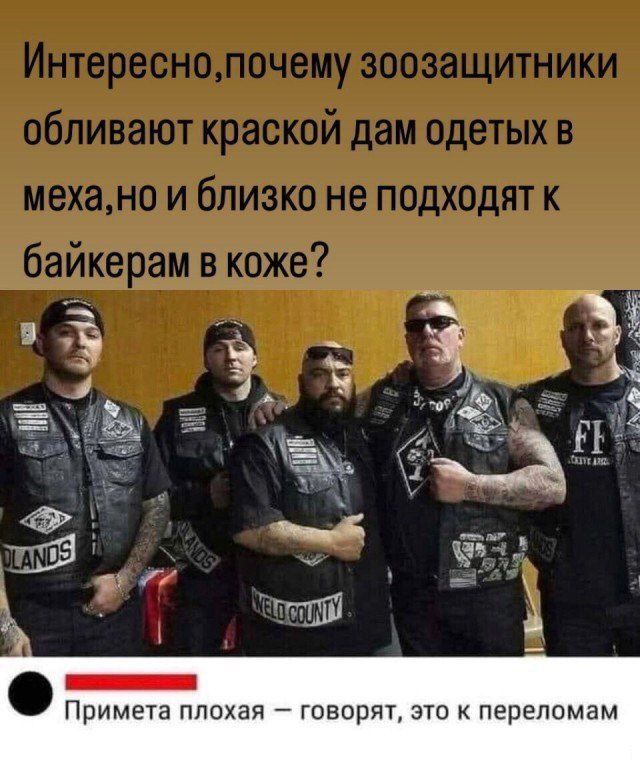 Интересно, почему зоозащитники обливают красной дам одетых в меха, но близко не подходят к байкерам в коже?

Примета плохая — говорят, это к переломам