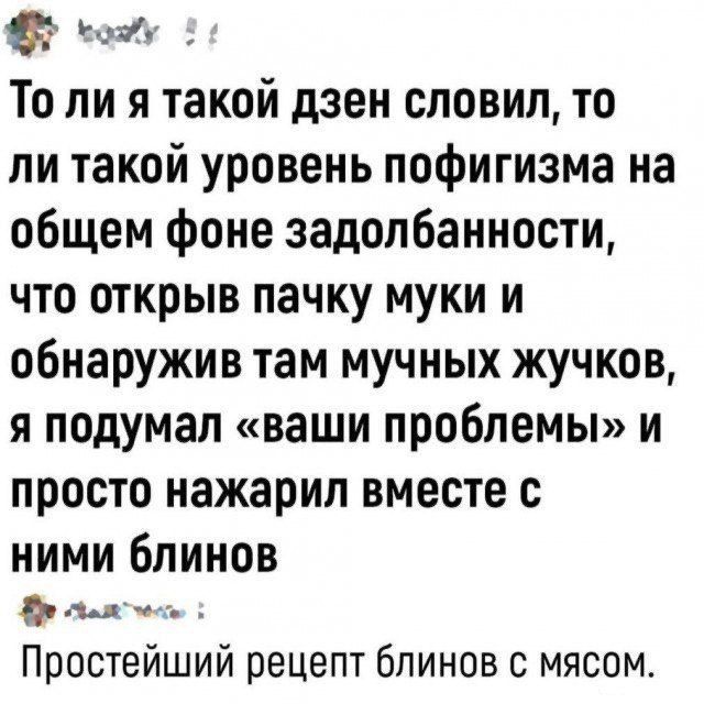 То ли я такой дZEN словил, то ли такой уровень пофигизма на общем фоне задолбанности, что открыв пачку муки и обнаружив там мучных жучков, я подумал «ваши проблемы» и просто нажарил вместе с ними блинов.
Простейший рецепт блинов с мясом.