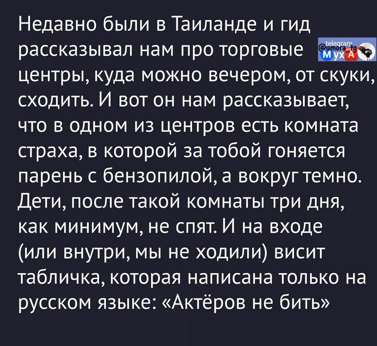 Недавно были в Таиланде и гид рассказывал нам про торговые центры, куда можно вечером, от скуки, сходить. И вот он нам рассказывал, что в одном из центров есть комната страха, в которой за тобой гонится парень с бензопилой, а вокруг темно. Дети, после такой комнаты три дня, как минимум, не спят. И на входе (или внутри, мы не ходили) висит табличка, которая написана только на русском языке: «Актёров не бить»