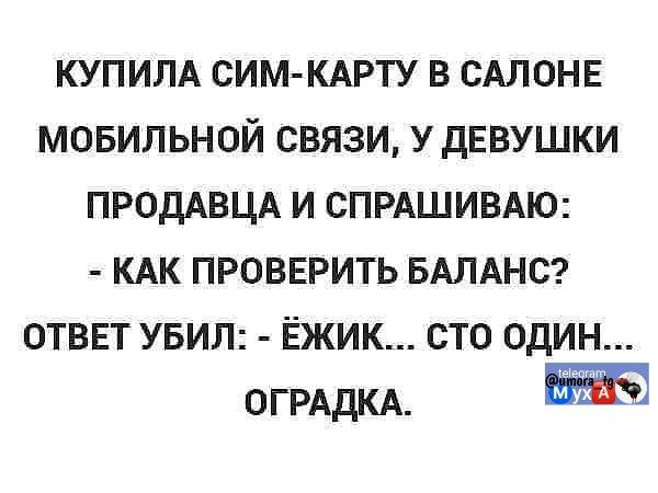 КУПИЛА СИМ-КАРТУ В САЛОНЕ МОБИЛЬНОЙ СВЯЗИ, У ДЕВУШКИ ПРОДАВЦА И СПРАШИВАЮ: - КАК ПРОВЕРИТЬ БАЛАНС? ОТВЕТ УБИЛ: - ЁЖИК... СТО ОДИН... ОГРАДКА.